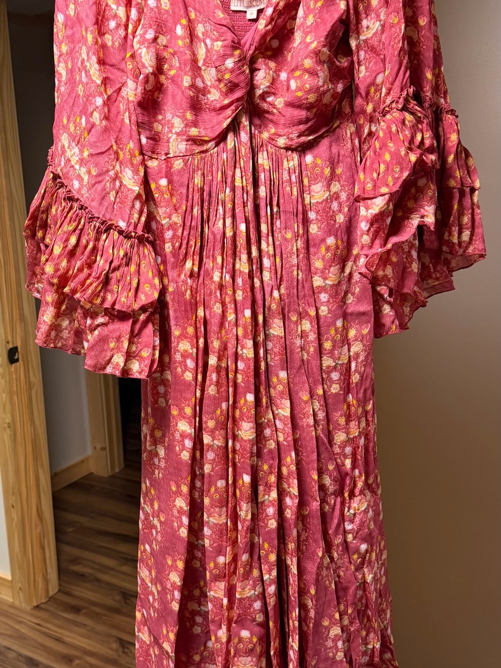 Ritu Kumar Pink Floral Midi Dress with Gold Accents